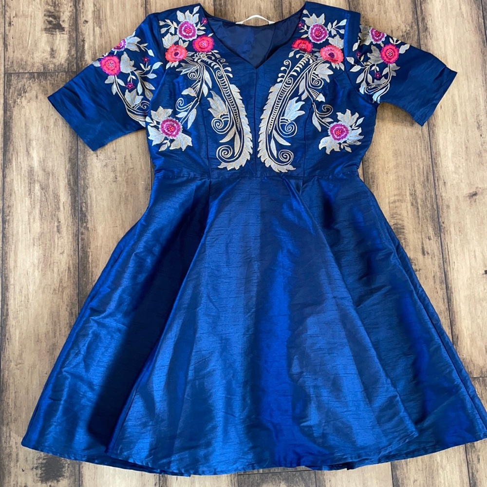 Eshakti 12 navy blue floral short taffeta dress